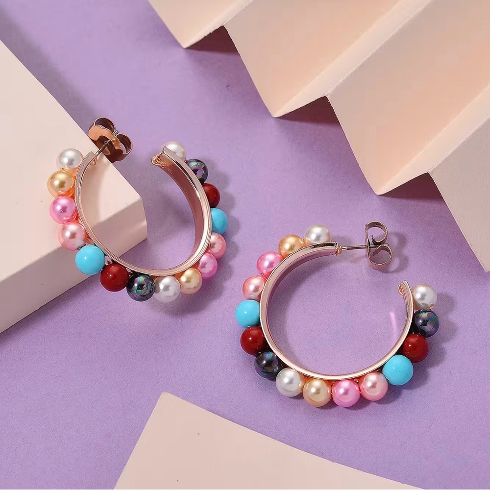 Multi Color Shell Pearl Hoop Earrings in Goldtone and ION Plated RG Stainless
